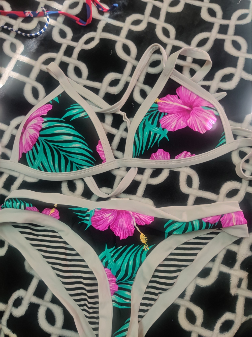 Hula Honey Black Bikini with Pink Floral and Green Leaf Print